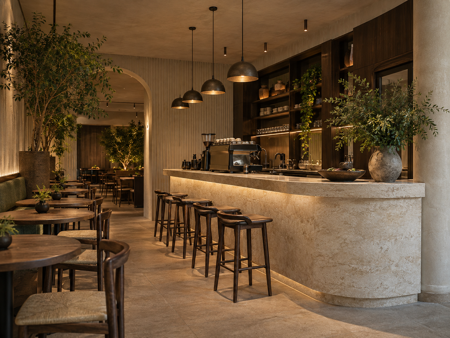 Café contemporâneo com balcão de desenho arquitetônico