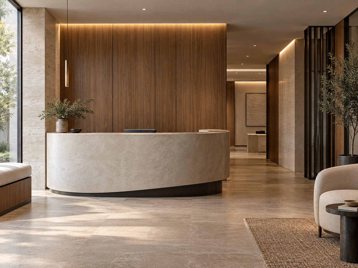 Recepção comercial elegante e iluminada