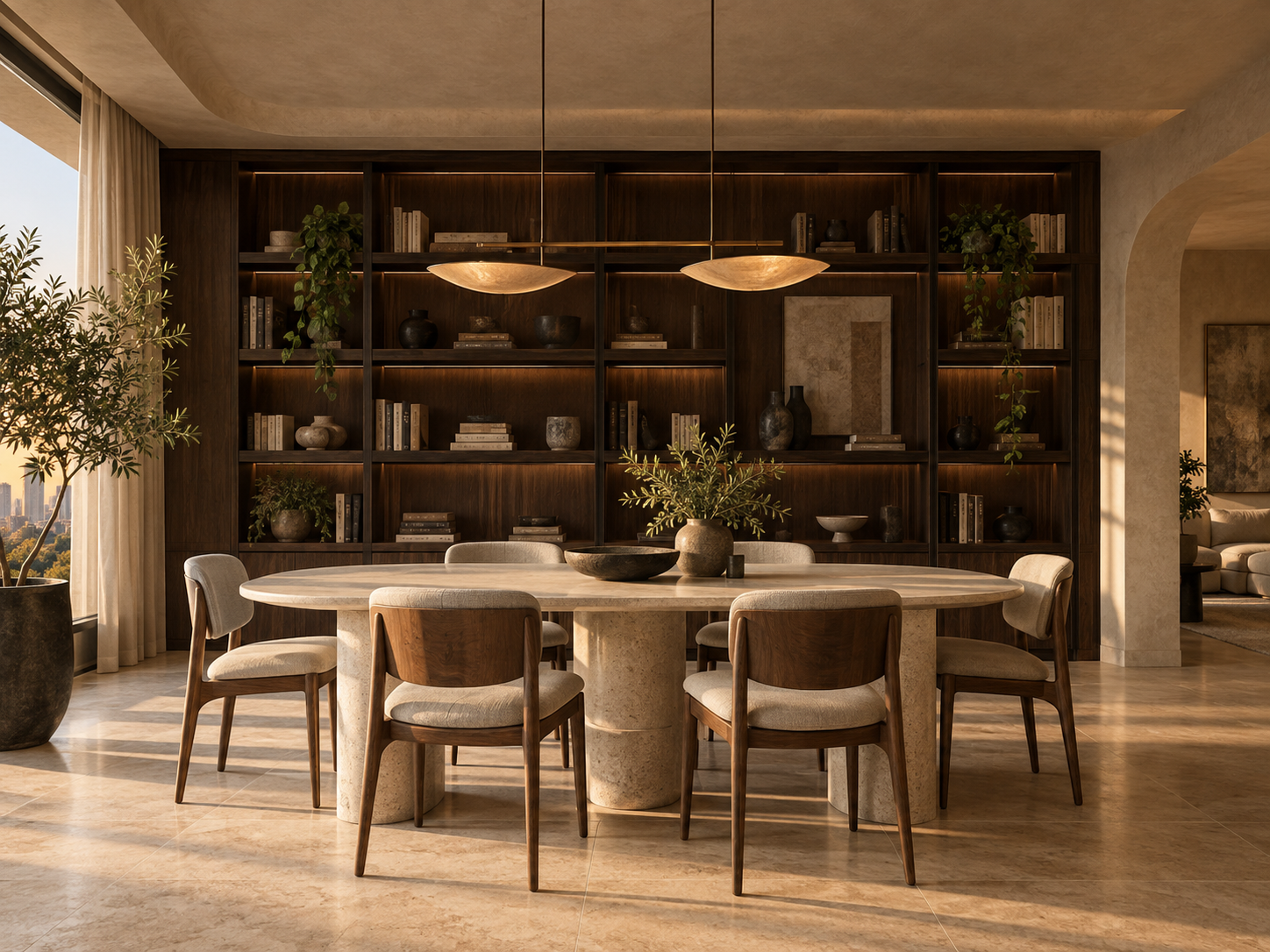 Sala de jantar integrada a uma biblioteca