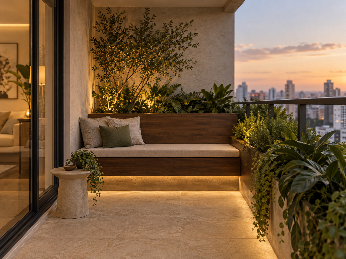Varanda compacta com banco integrado e plantas