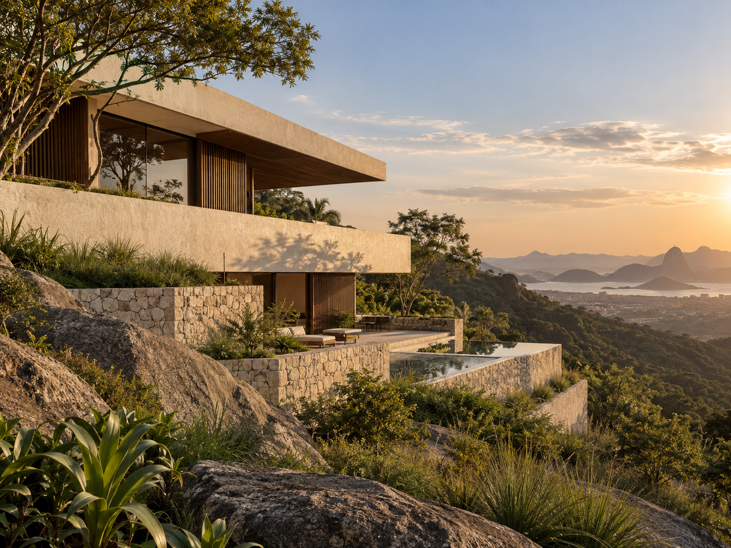 Residência contemporânea em terreno inclinado com vegetação