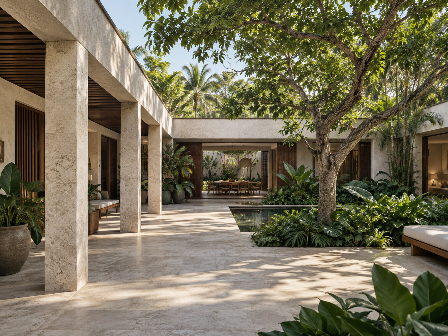 Casa térrea contemporânea voltada a um pátio arborizado